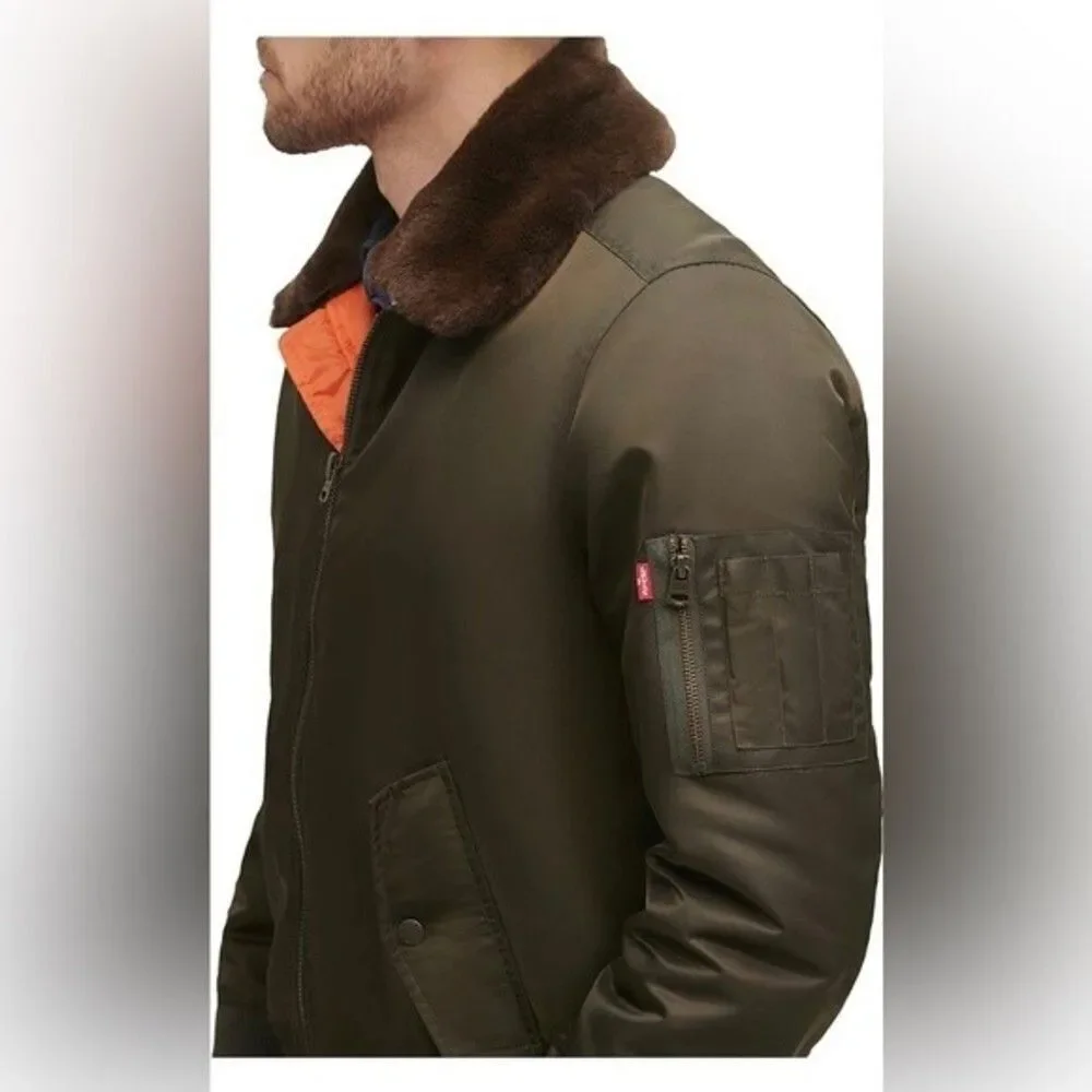 LEVI'S Men's Flight Bomber Jacket with a Faux Fur Removable Collar army green S